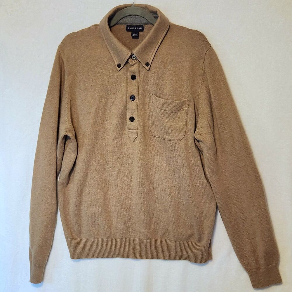 Lands' End Men's L Tan Henley Polo Button Down Cotton Cashmere Blend Sweater